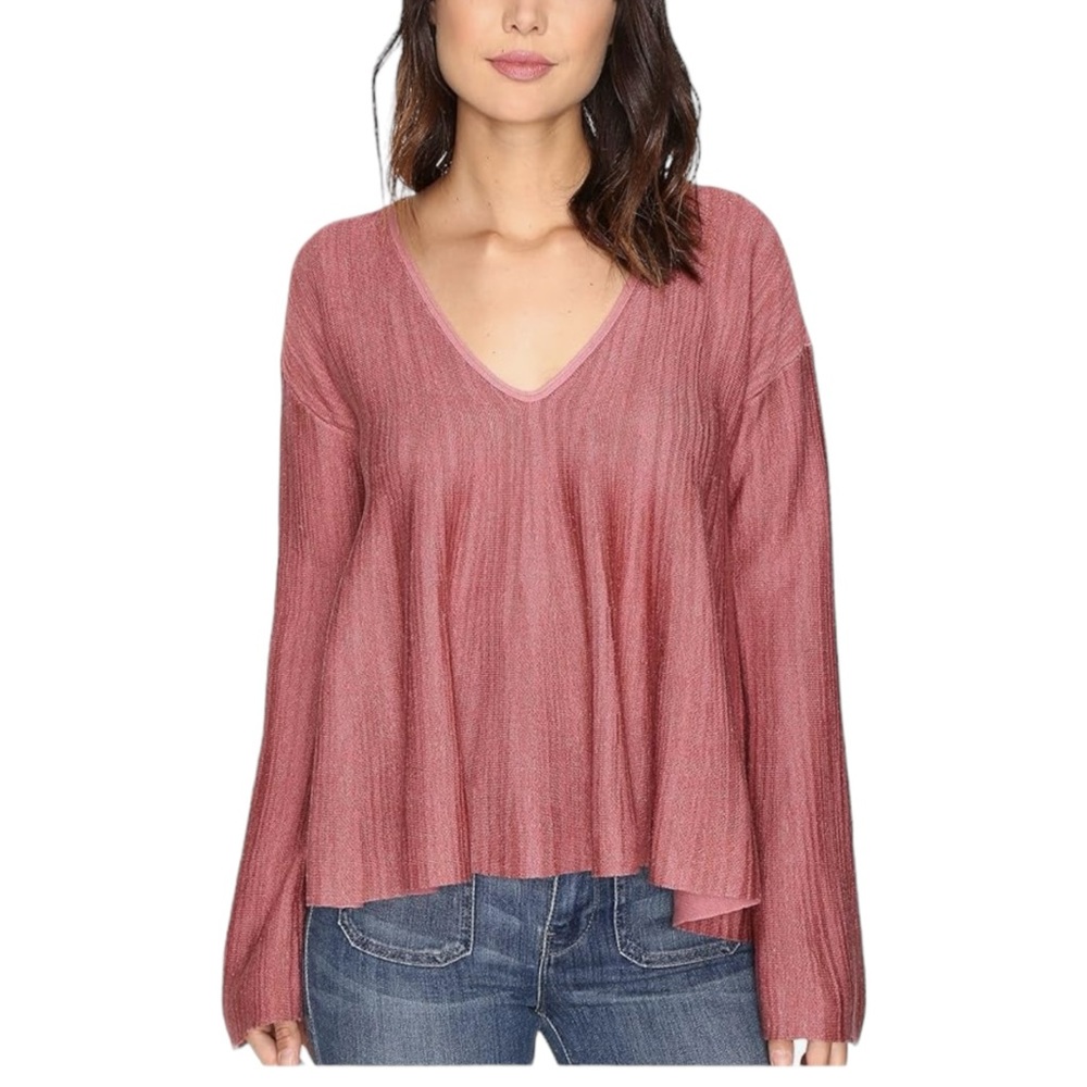 Free People Womens Sundae Pullover Sweater Flare Hem Sleeve Rose Pink XS